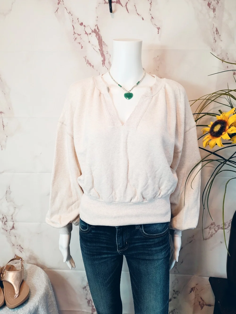 FP Beach Free People Pullover Crop Sweatshirt Cream Boho Beachy Top Small